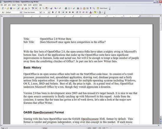 OpenOffice Writer Writer Beta 2.0